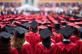 Group of graduates in cap and gowns standing in line in a row, convocation, Rear view of graduates in convocation program, Royalty Free Stock Photo