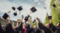 A group of graduates throwing graduation caps in the air. Generative AI Royalty Free Stock Photo