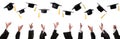 Group of graduates throwing hats against white background, closeup. Banner design