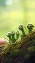 A group of green aliens sitting on a mossy rock, AI