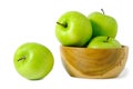 Group of green Apple granny smith above wooden bowl / basket isolated on white background Royalty Free Stock Photo