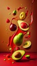 Group of Green Avocados Fruit Creatively Falling-Dripping Flying or Splashing on Red Background AI Generative