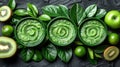 A group of green bowls with different types of fruit and vegetables, AI Royalty Free Stock Photo