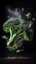 Group of Green Broccoli Vegetable Creatively Falling-Dripping Flying or Splashing on Black Background Generative AI Royalty Free Stock Photo