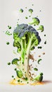 Group of Green Broccoli Vegetable Creatively Falling-Dripping Flying or Splashing on White Background AI Generative Royalty Free Stock Photo