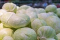 Group of green cabbages in a supermarket, Cabbage background, Fresh cabbage from farm field, a lot of cabbage at market place. Royalty Free Stock Photo