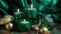 a group of green candles sitting next to a crystal ball