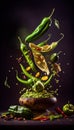 Group of Green Chillies Peppers Vegetable Creatively Falling-Dripping Flying or Splashing on Black Background AI Generative Royalty Free Stock Photo