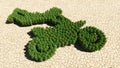 Group of green forest tree on dry ground background, sign of a stuntman on a motorcycle.