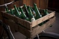 a group of green glass bottles sitting next to each other in the wooden bascet of an old bicycle. Recycling concept