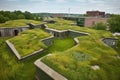 group of green rooftops with different designs, shapes and sizes