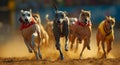 a group of greyhounds running on a track