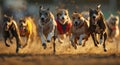 a group of greyhounds running on a track