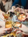 Group of guests celebrate and raise glasses, toasting and cheering with alcohol glasses with wine and champagne in the restaurant Royalty Free Stock Photo