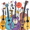 a group of guitars with musical notes Royalty Free Stock Photo