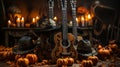 A group of guitars and pumpkins in halloween night