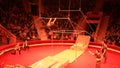 Group of gymnasts performing unimaginable tricks on horizontal bars in circus