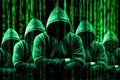 Group of hacker in hoodies. Group of gloomy hackers in hoodies sitting in row and typing on keyboards fastly in server room.