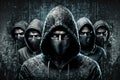 Group of hackers, hooded men with computer code background, all wearing hoods and masks, all staring at the camera