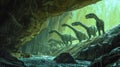 A group of hadrosaurs taking shelter from a storm in a deep cavernous cave system Royalty Free Stock Photo