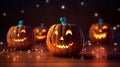 A group of Halloween pumkins jack o\' lantern on the floor and glowing light, Happy Halloween decorations in the house