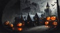 A Group Of Halloween Pumpkins Sitting In Front Of A Castle. Generative AI