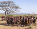 Group of Hamar women dance at bull jumping ceremony. Turmi, Omo Valley, Ethiopia.