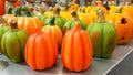 Group of hand painted colorful decoration clay pumpkins for Halloween Royalty Free Stock Photo