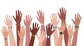 Group of hands and arms raised up of multi-ethnic and multicultural men and women with different skin color. Diversity of people