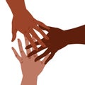 Group of hands of brown skin color reaching to each other