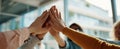 The group of hands celebrating teamwork in a bright office environment. AI generated image Royalty Free Stock Photo