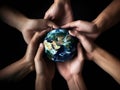 A group of hands connected around the Earth embracing the idea of global corporate responsibility.. AI generation