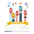 Group of hands holding smartphone or phone with infographic and