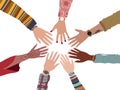 Group of hands in a circle of diverse multicultural multi-ethnic people.Team or community concept. Diversity of people in social