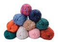 Group of hanks of colorful yarns on white