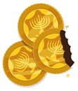 Group of Hanukkah gelt with one opened and other bitten, Vector illustration