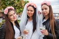 Group happines women with champagne at hen party