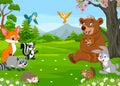 Group of happy animals cartoon in the jungle Royalty Free Stock Photo