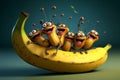 Group of happy ants on a banana