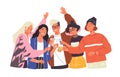 Group of happy boys and girls clinking glasses and drinking alcohol at celebratory party. Portrait of cute joyful