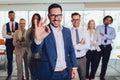 Happy business people and company staff in modern office, representig company.Selective focus Royalty Free Stock Photo