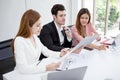 Group of happy business people men and woman working together with paper document file in meeting room.teamwork of two girl asian Royalty Free Stock Photo