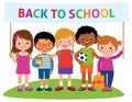 Group of happy cheerful children with backpacks holding a banner Royalty Free Stock Photo