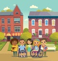 Group of Happy Children with books and tablets stand on a sunny city street. Schoolyard. Caring for the disabled child concept. Le