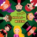 Group of happy children in carnival costumes of Halloween. Invitation to the party Halloween. Stock vector illustration