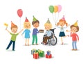 Group of happy children congratulates disabled child on his birthday