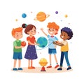 Children Exploring Space and Planets: A Fun and Educational Illustration Royalty Free Stock Photo
