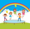 Group of happy children jumping on the trampoline outdoor areas