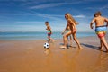 Group of kids play soccer on the sea sand beach Royalty Free Stock Photo