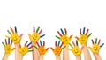 Group of happy children raises hands up. Royalty Free Stock Photo